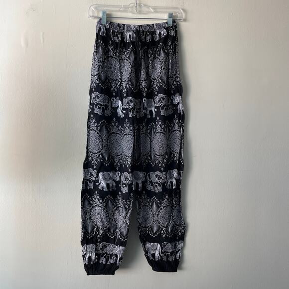 Bamboo House Black & White Drawstring Elephant & Paisley Print Harem Pants - Picture 3 of 10